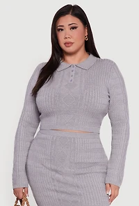 Plus Long Sleeve Polo Collar Cable Knit Sweater
