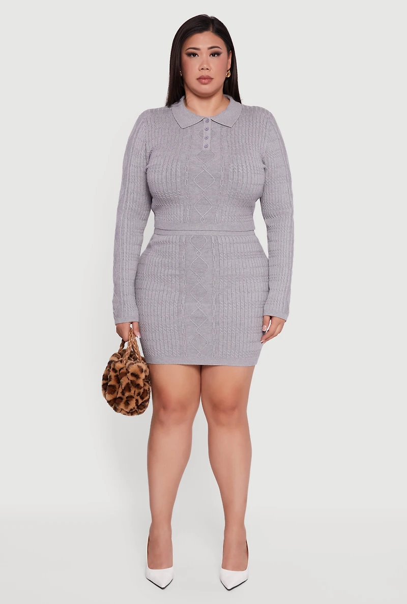 Plus Long Sleeve Polo Collar Cable Knit Sweater
