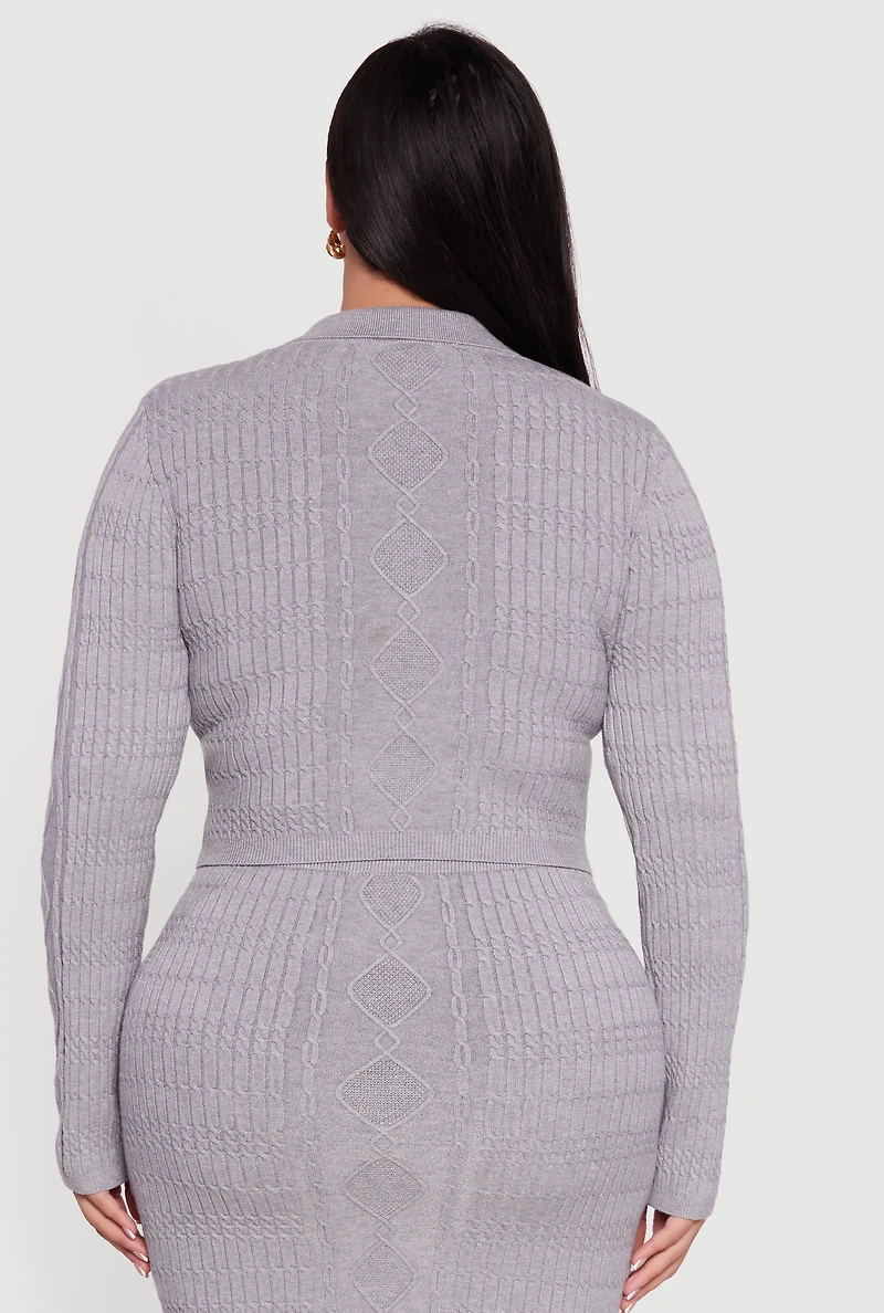 Plus Long Sleeve Polo Collar Cable Knit Sweater