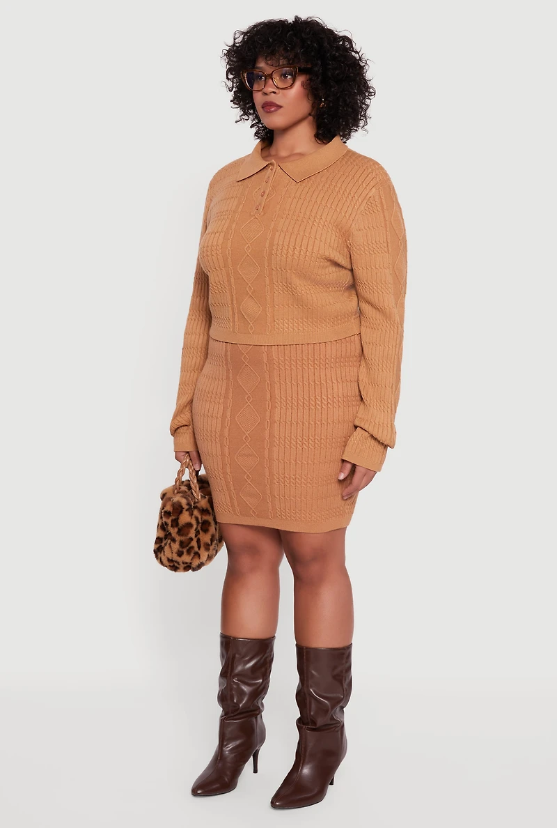 Plus Long Sleeve Polo Collar Cable Knit Sweater