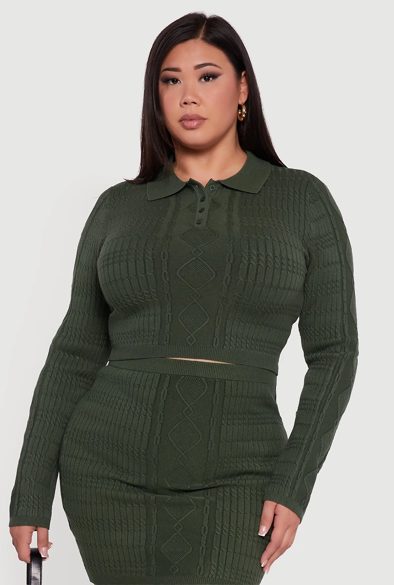 Womens Plus Size Long Sleeve Polo Collar Cable Knit Sweater, Green, Size 3X
