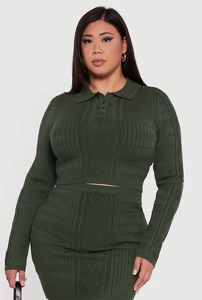 Womens Plus Size Long Sleeve Polo Collar Cable Knit Sweater, Green, Size 3X