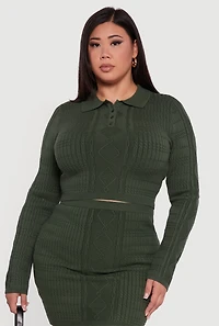Womens Plus Size Long Sleeve Polo Collar Cable Knit Sweater, Green, Size 3X