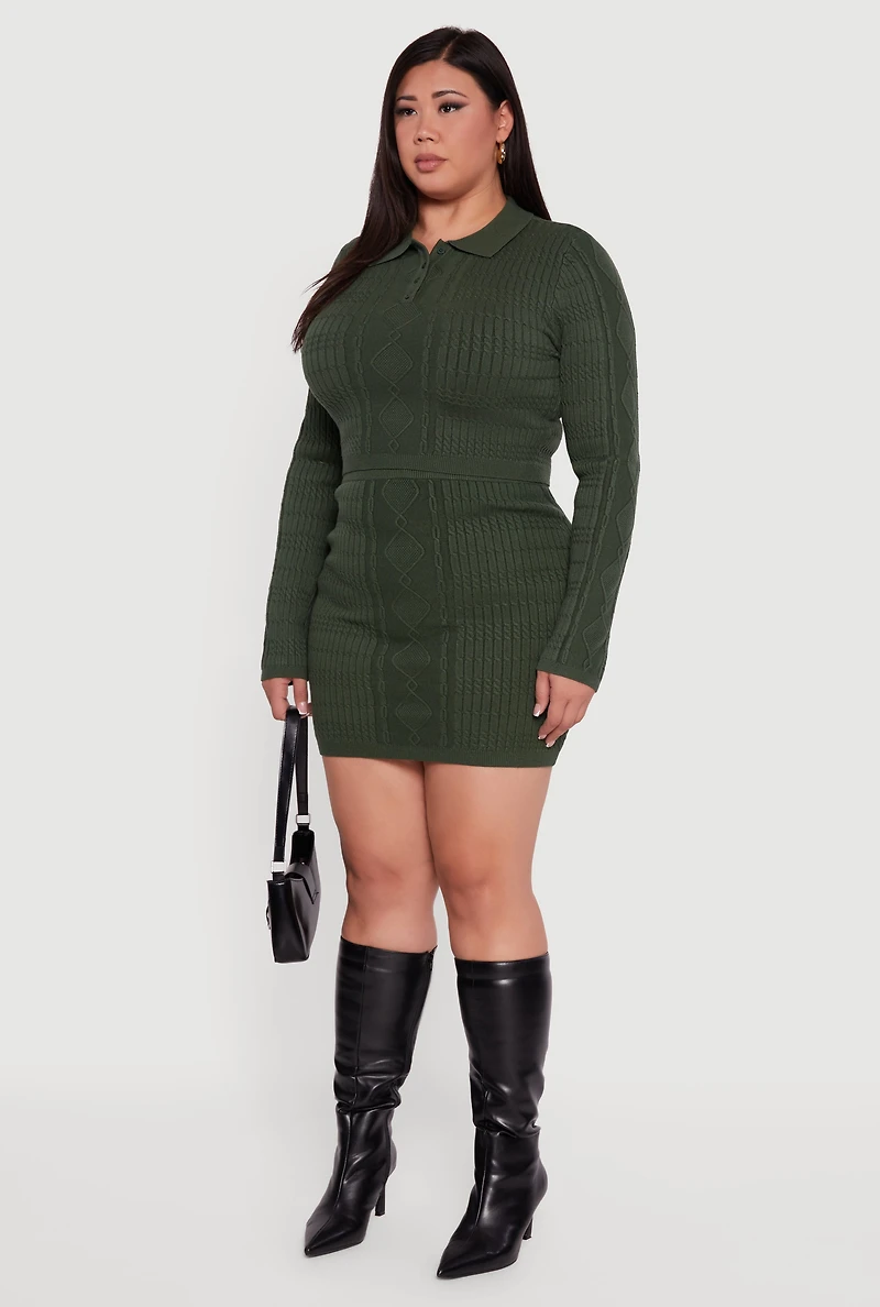 Womens Plus Size Long Sleeve Polo Collar Cable Knit Sweater, Green, Size 3X