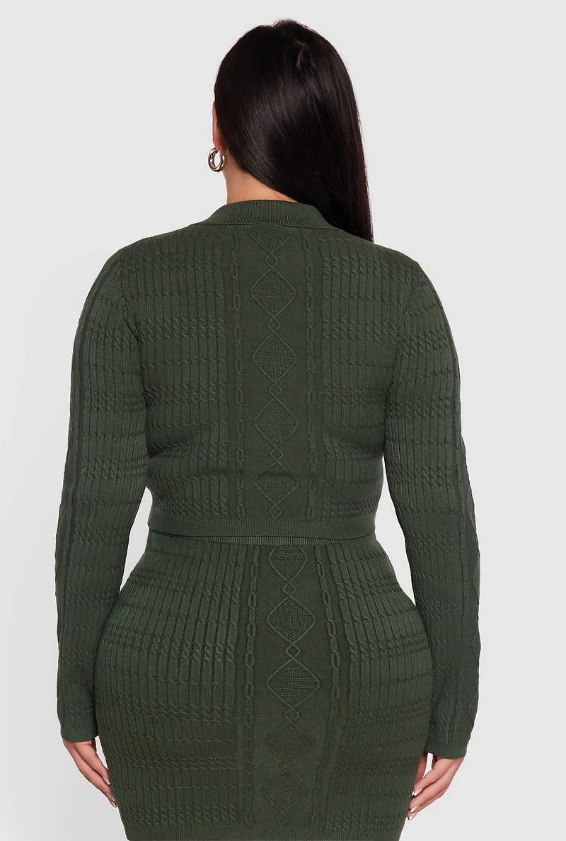 Womens Plus Size Long Sleeve Polo Collar Cable Knit Sweater, Green, Size 3X