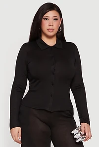 Plus Collared Button Front Long Sleeve Blouse