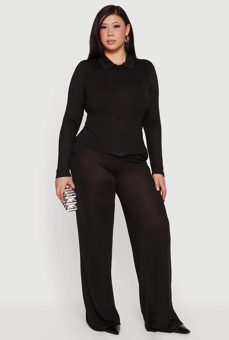 Plus Collared Button Front Long Sleeve Blouse