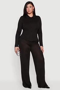 Plus Collared Button Front Long Sleeve Blouse