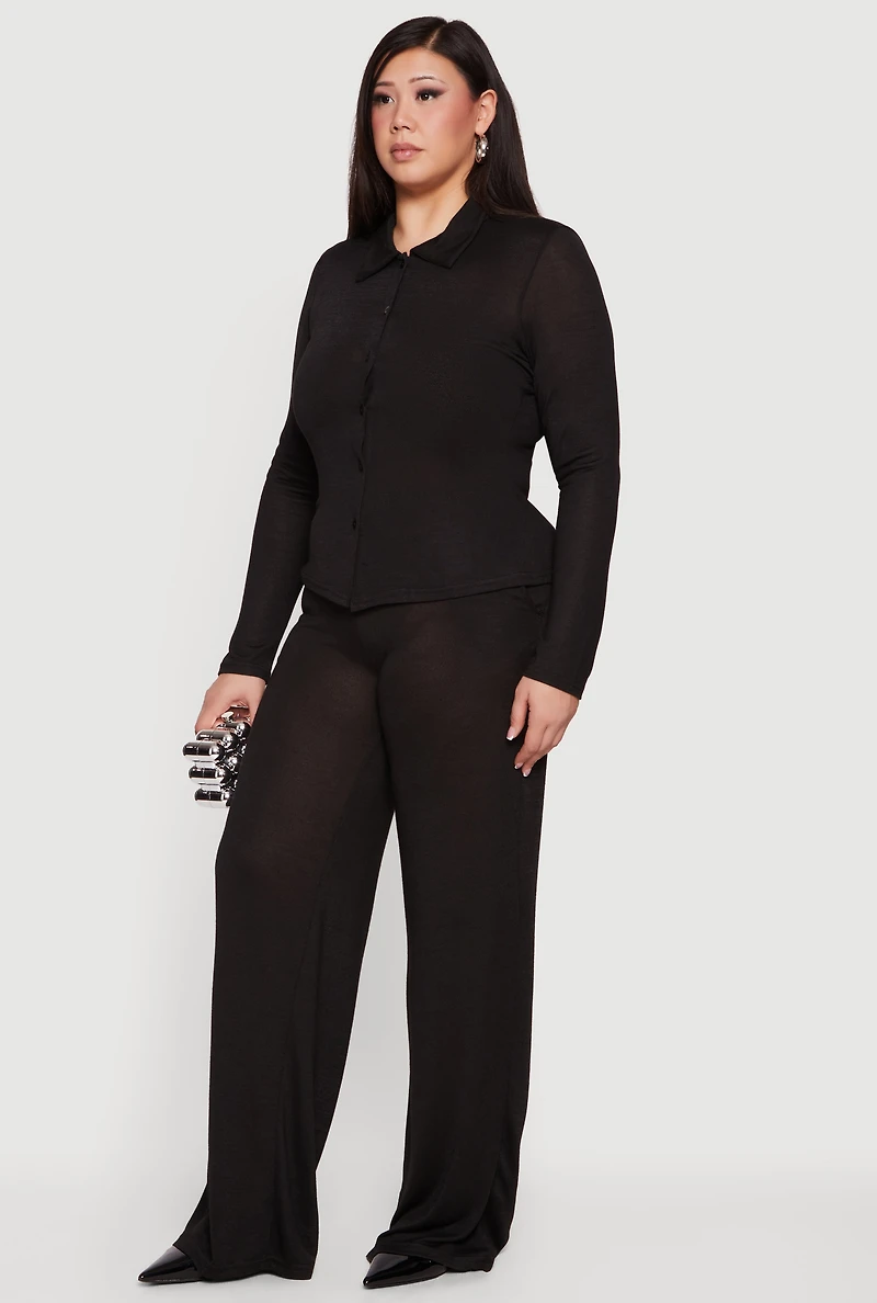 Plus Collared Button Front Long Sleeve Blouse