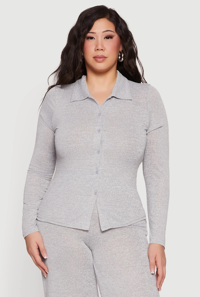 Plus Collared Button Front Long Sleeve Blouse