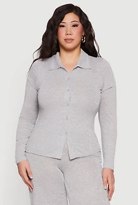Plus Collared Button Front Long Sleeve Blouse