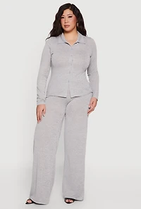 Plus Collared Button Front Long Sleeve Blouse