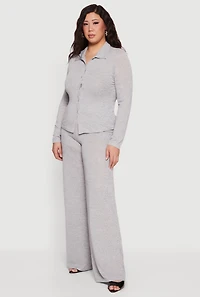 Plus Collared Button Front Long Sleeve Blouse