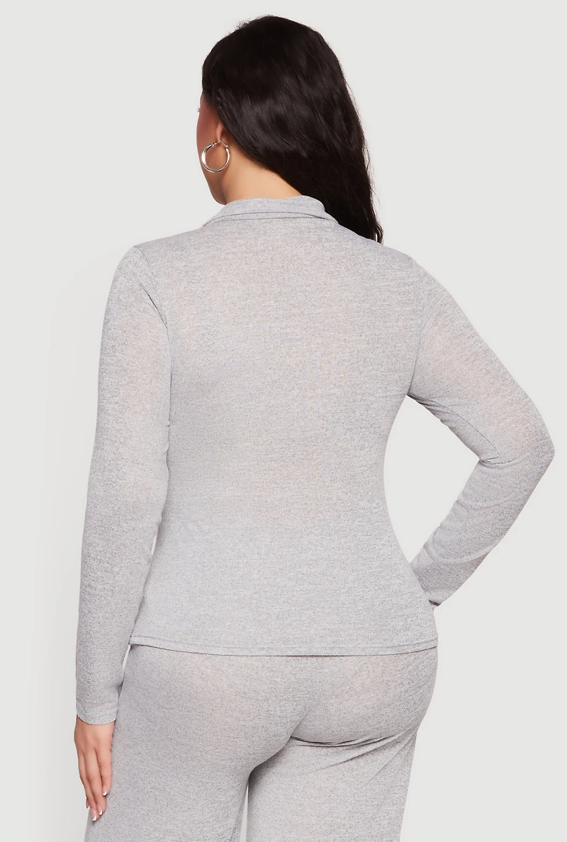 Plus Collared Button Front Long Sleeve Blouse