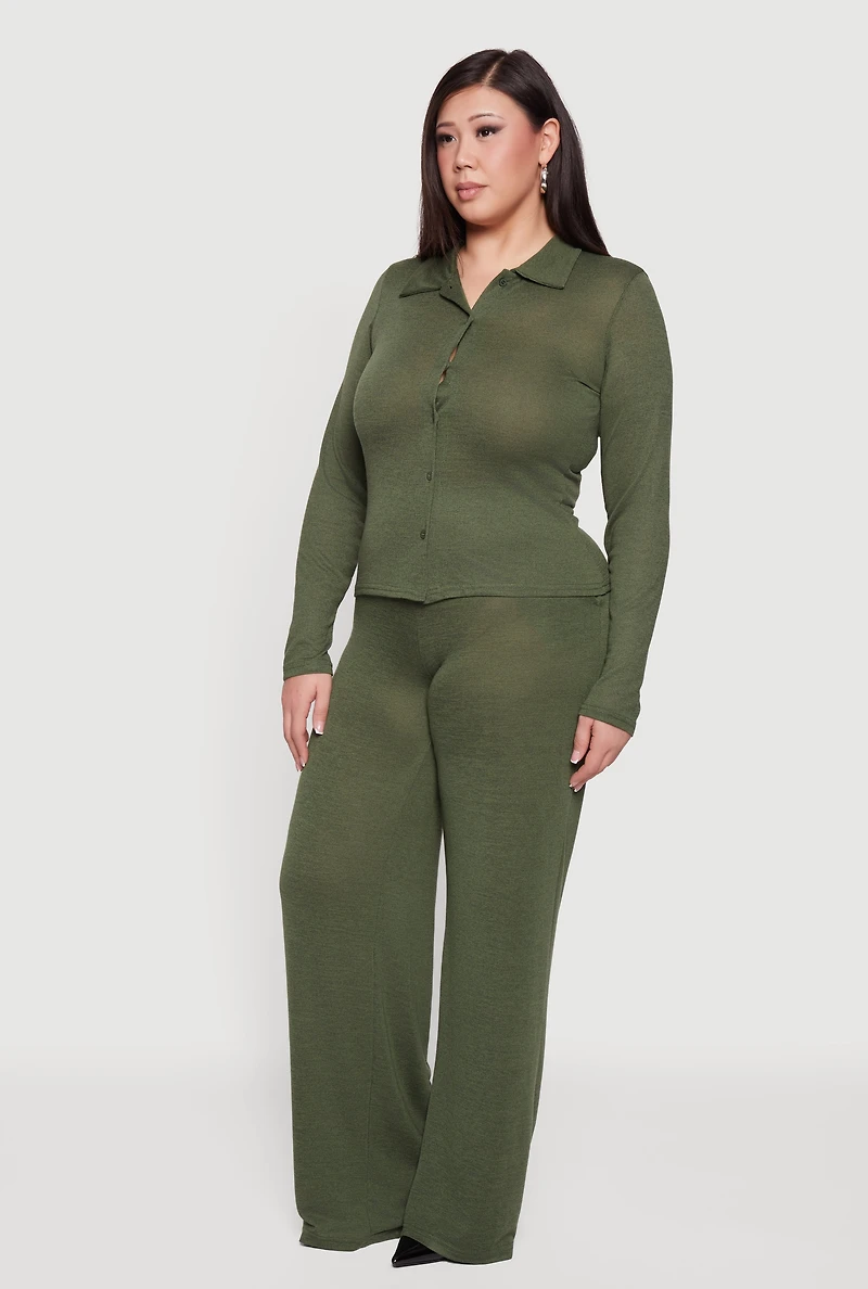 Plus Collared Button Front Long Sleeve Blouse