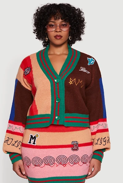 Womens Plus Size Graphic Patch Color Blocked Cardigan, Multi, Size 3X