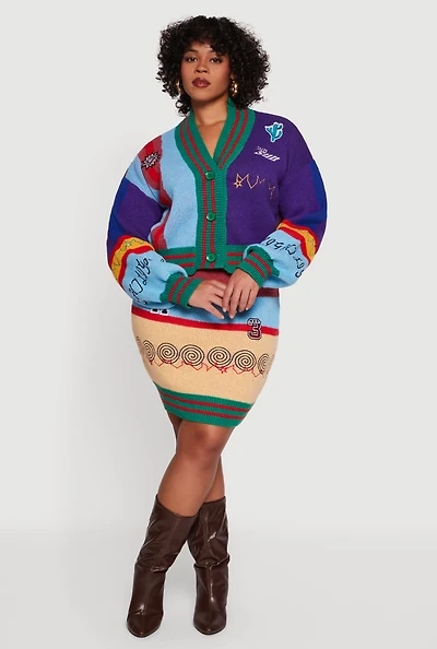 Womens Plus Size Graphic Patch Color Blocked Knitted Mini Skirt, Multi, Size 2X