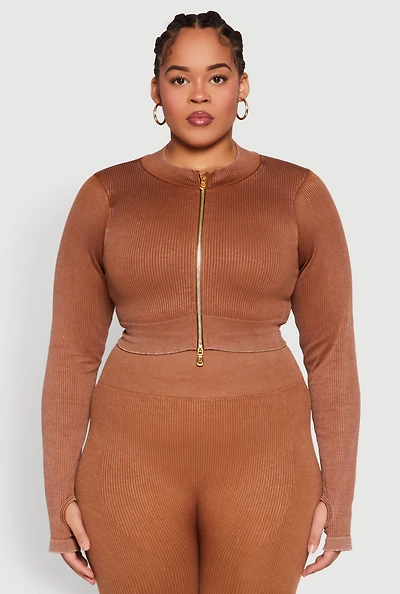 Womens Plus Size Daisy Acid Wash Track Jacket, Brown, Size 2X