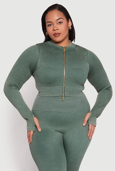 Womens Plus Size Daisy Acid Wash Track Jacket, Green, Size 1X