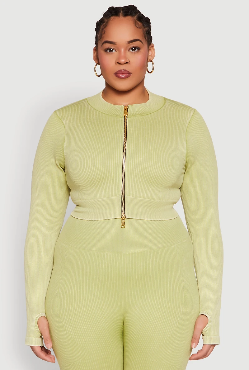 Womens Plus Size Daisy Acid Wash Track Jacket, Green, Size 1X