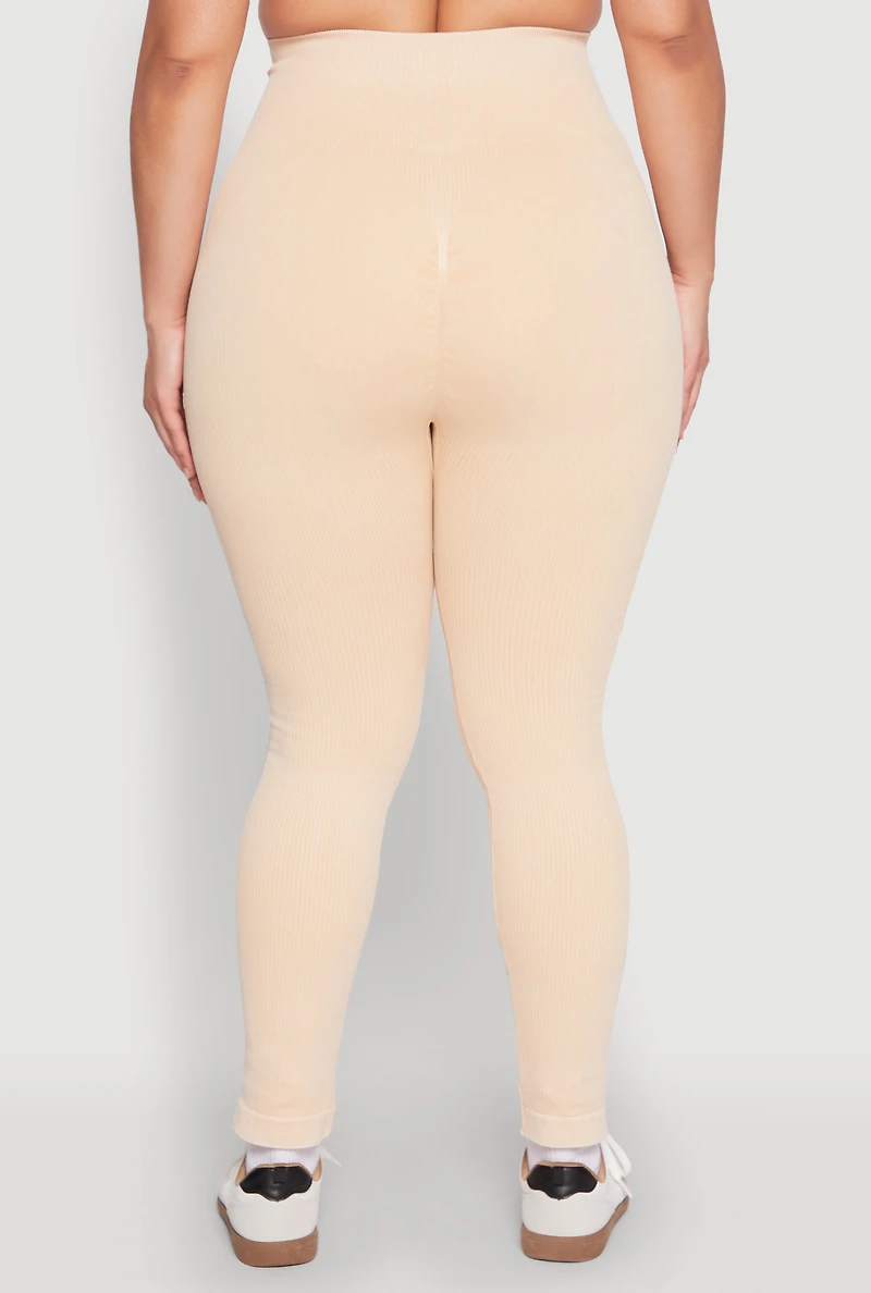 Womens Plus Daisy Compression Rib Acid Wash Leggings, 3X