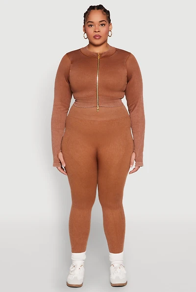 Womens Plus Size Daisy Compression Rib Acid Wash Leggings, Brown, Size 3X