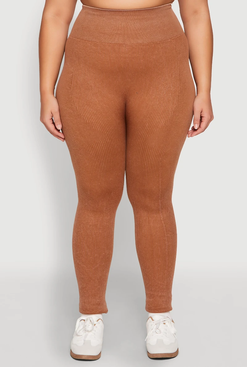 Plus Daisy Compression Rib Acid Wash Leggings