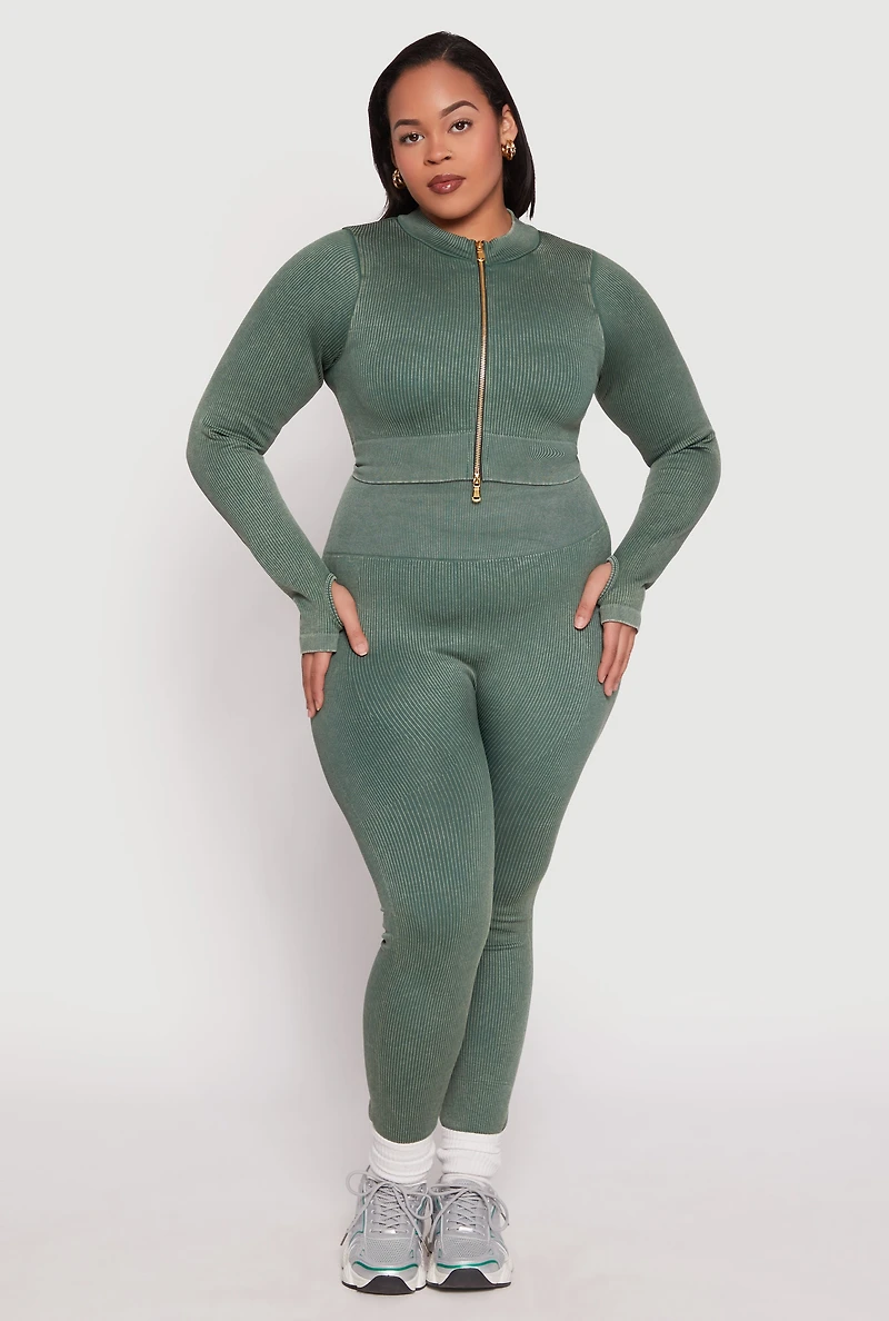 Plus Daisy Compression Rib Acid Wash Leggings