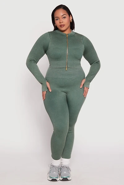 Plus Daisy Compression Rib Acid Wash Leggings