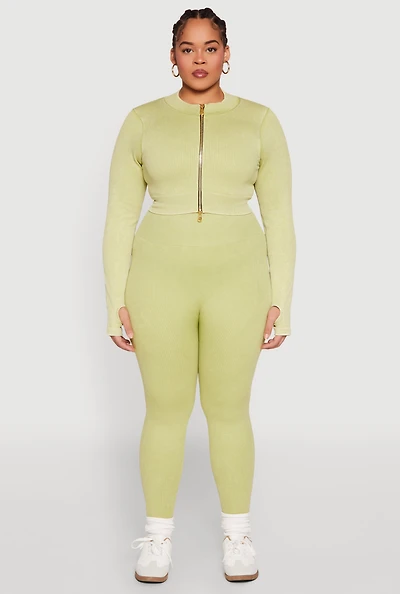 Womens Plus Size Daisy Compression Rib Acid Wash Leggings, Green, Size 2X