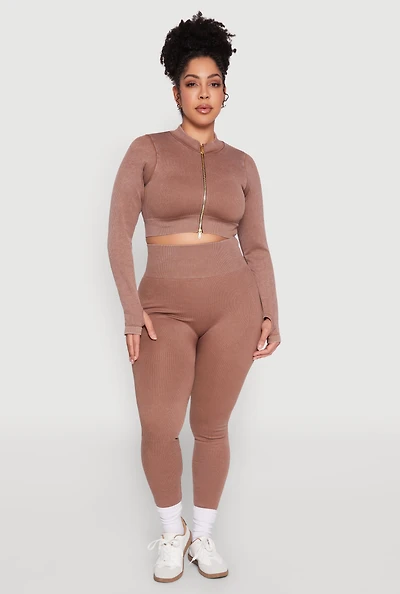 Womens Plus Size Daisy Compression Rib Acid Wash Leggings, Brown, Size 3X