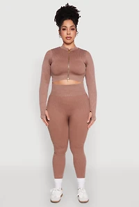 Womens Plus Size Daisy Compression Rib Acid Wash Leggings, Brown, Size 3X