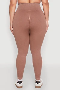 Womens Plus Size Daisy Compression Rib Acid Wash Leggings, Brown, Size 3X