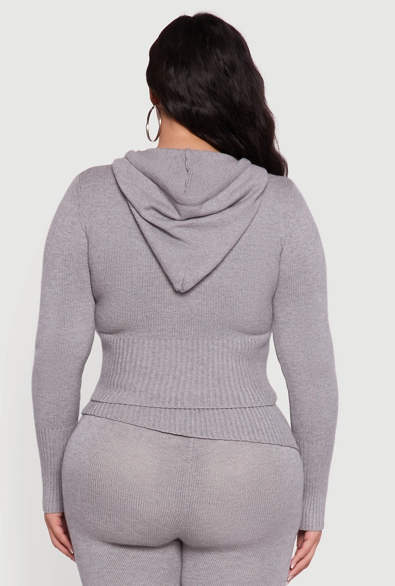 Plus Zip Front Hooded Ribbed Knit Cropped Sweater