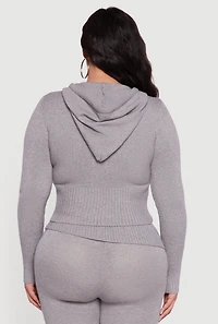 Plus Zip Front Hooded Ribbed Knit Cropped Sweater