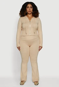 Plus Zip Front Hooded Ribbed Knit Cropped Sweater
