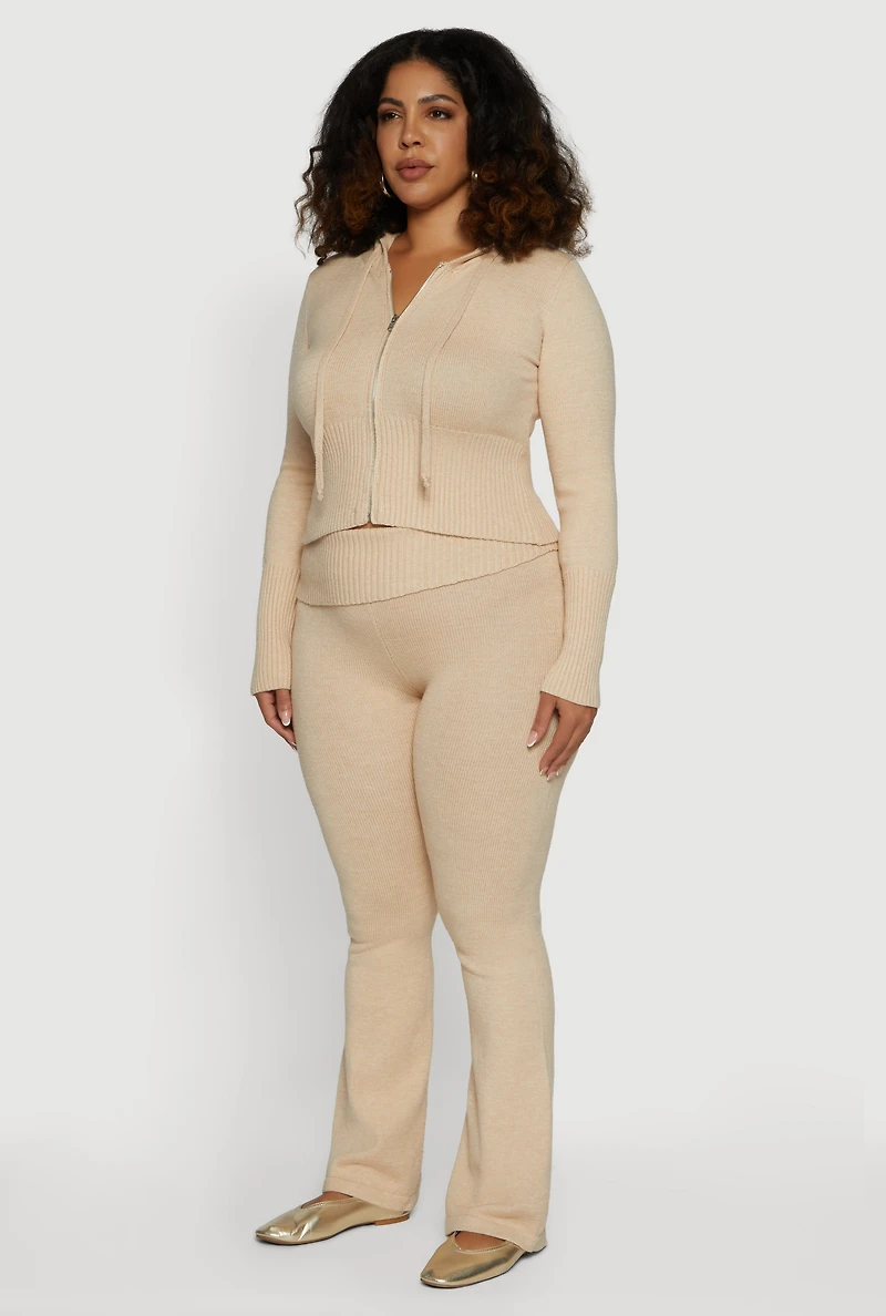 Plus Zip Front Hooded Ribbed Knit Cropped Sweater