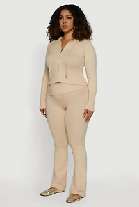 Plus Zip Front Hooded Ribbed Knit Cropped Sweater