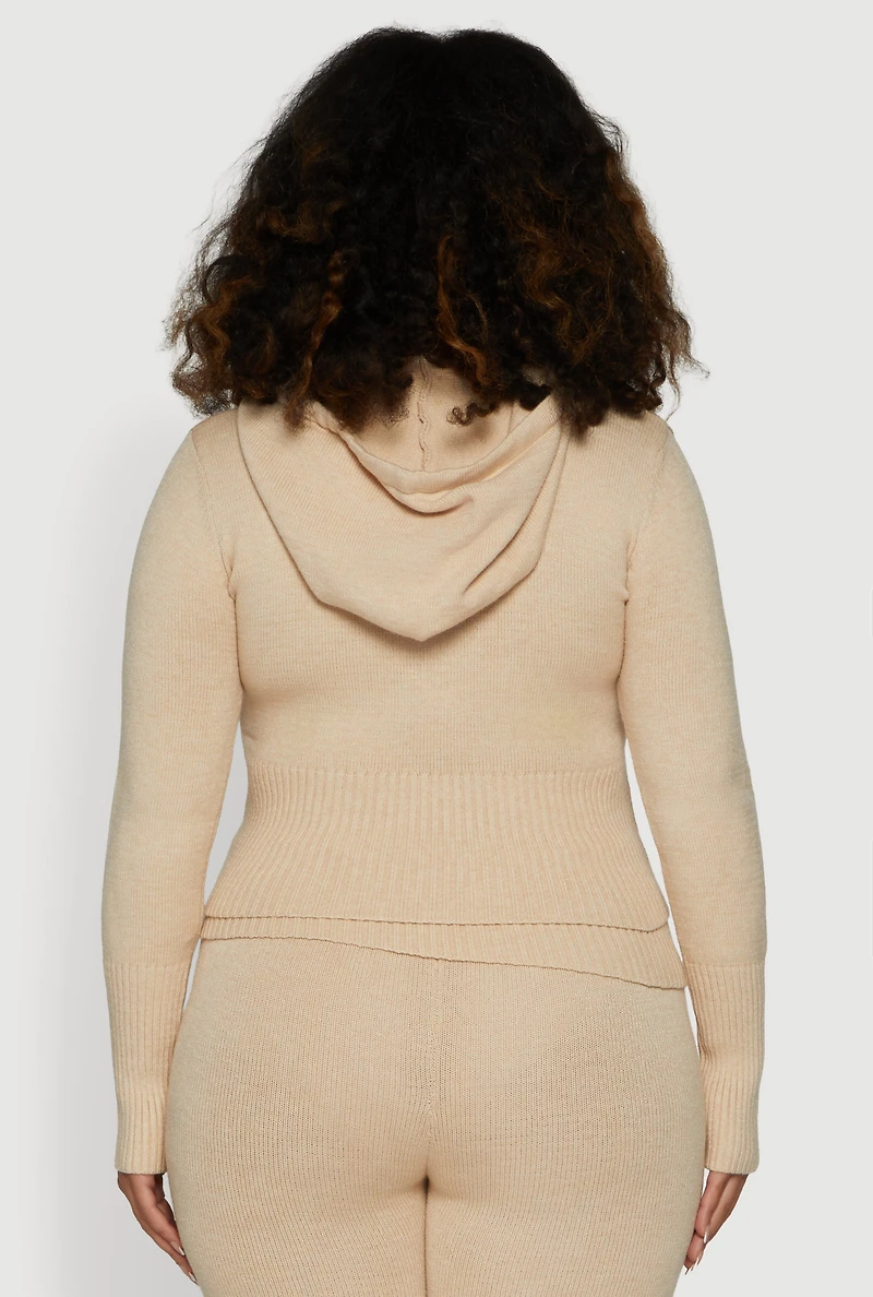 Womens Plus Zip Front Hooded Ribbed Knit Cropped Sweater,