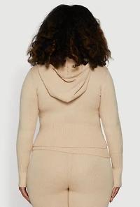 Womens Plus Zip Front Hooded Ribbed Knit Cropped Sweater,