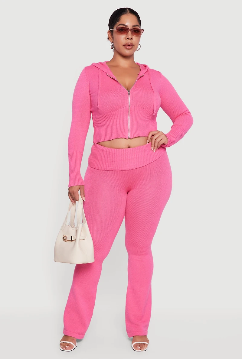 Plus Zip Front Hooded Ribbed Knit Cropped Sweater