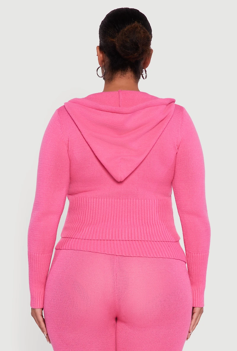 Plus Zip Front Hooded Ribbed Knit Cropped Sweater