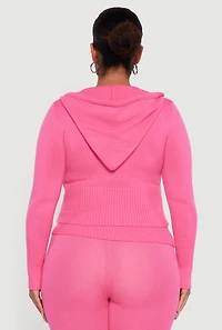 Plus Zip Front Hooded Ribbed Knit Cropped Sweater