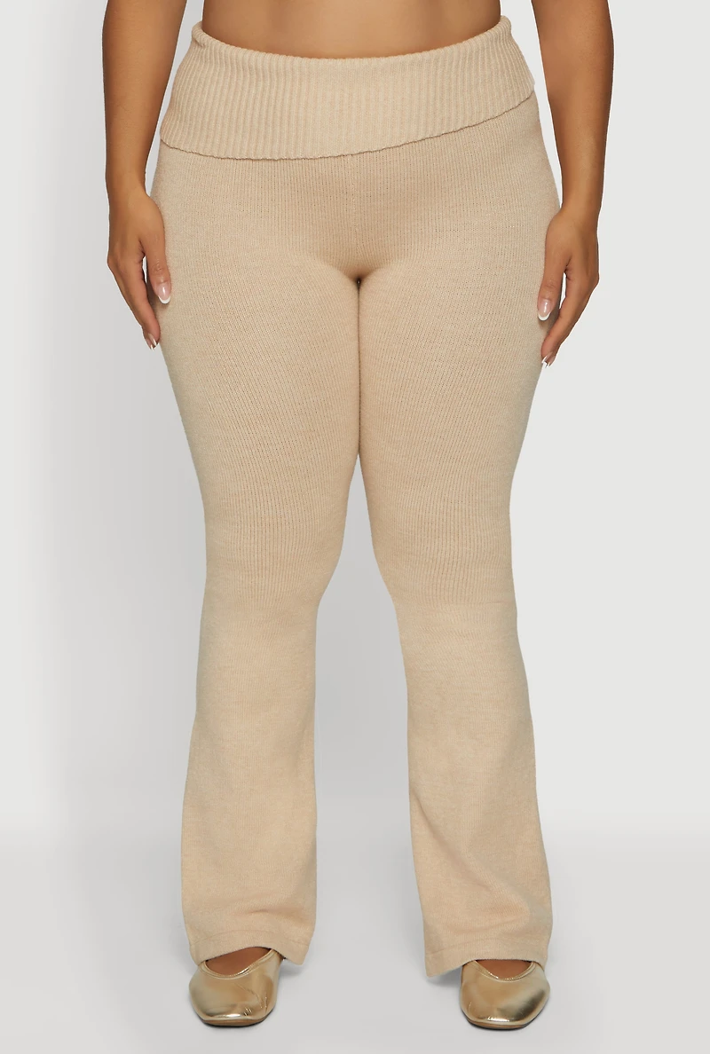 Womens Plus Size Ribbed Knit Fold Over Flare Pants, Khaki, Size 3X