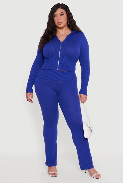 Womens Plus Ribbed Knit Fold Over Flare Pants,