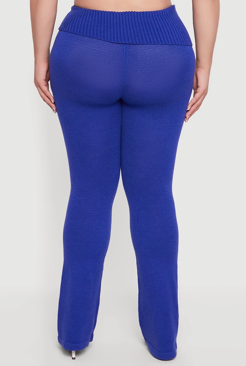 Womens Plus Ribbed Knit Fold Over Flare Pants, 3X