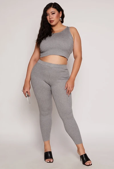 Womens Plus Size Daisy Ribbed Knit Leggings, Grey, Size 1X