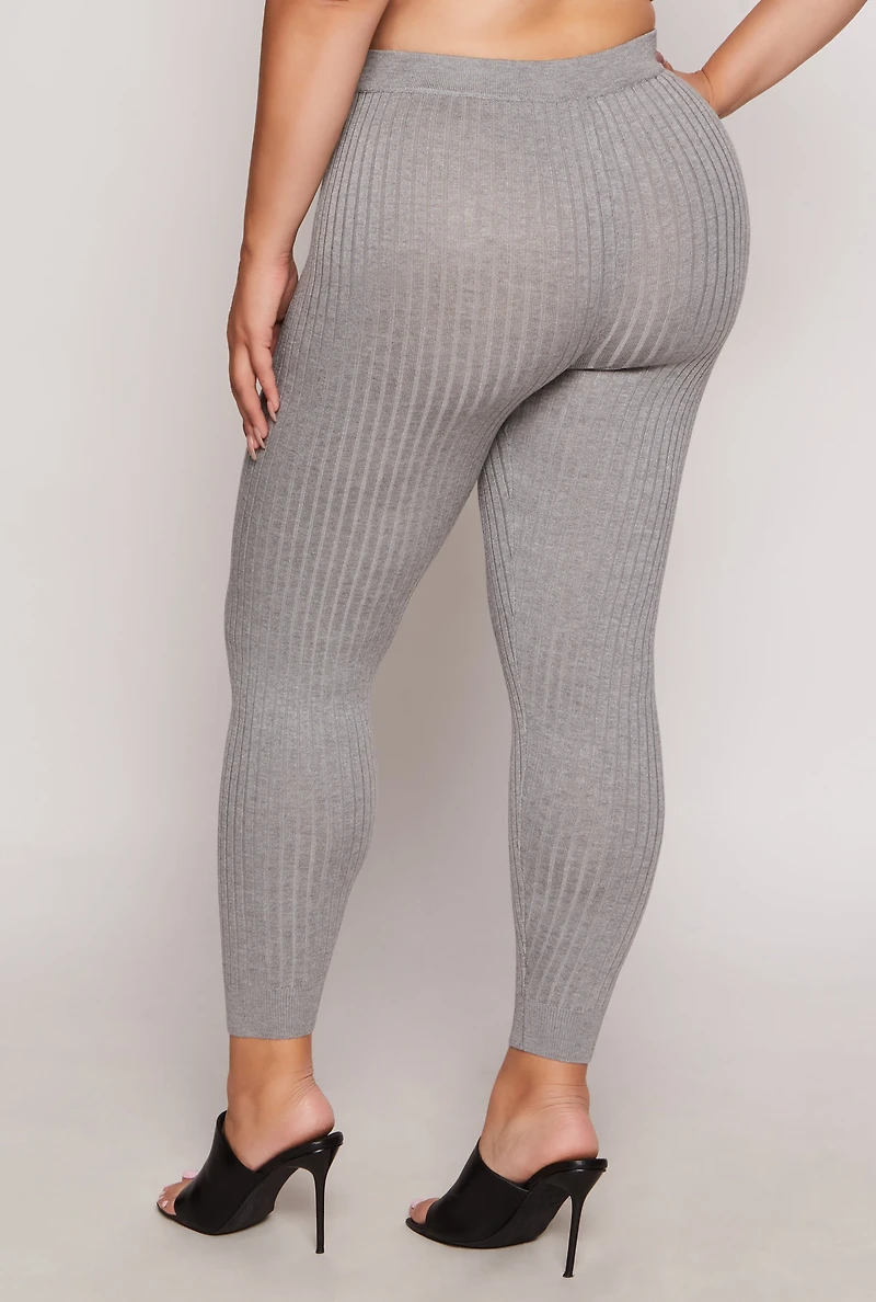 Womens Plus Size Daisy Ribbed Knit Leggings, Grey, Size 1X
