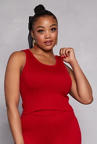 Womens Plus Size Daisy Ribbed Knit Tank Top, Red, Size 1X