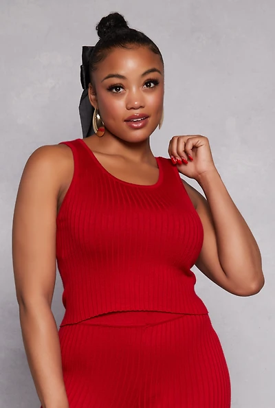 Womens Plus Size Daisy Ribbed Knit Tank Top, Red, Size 1X